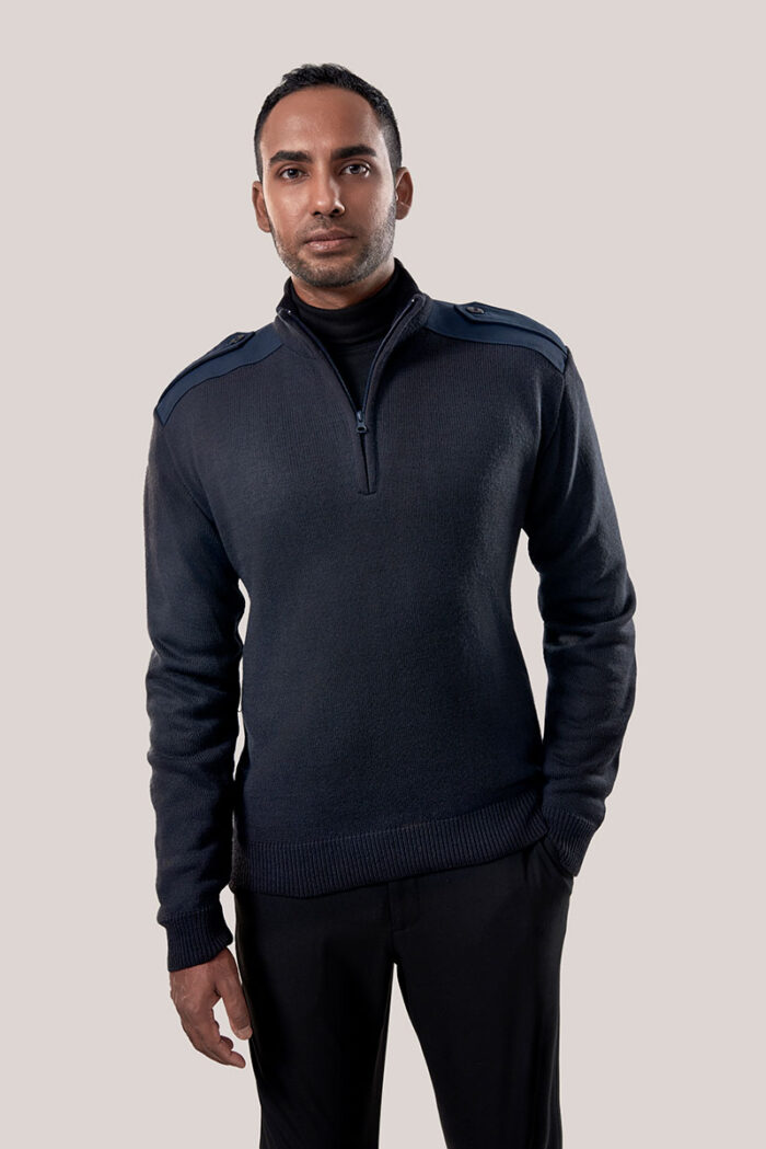 Quarter Zip Mockneck “Military” with Button Epaulets, Shoulder and Elbow Patches